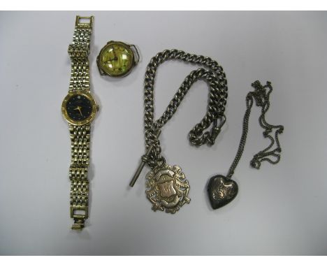 A Hallmarked Silver Medallion Pendant, on curb link chain; a heart shape locket pendant, ladies wristwatch head (no strap), e