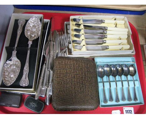Plated Berry Servers, coffee spoons, Viners knives, other cutlery, Bakelite snuff box, another papier mache:- One Tray