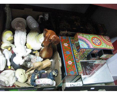 Trinket Storage Boxes, dressing table jewellery boxes, resin and pottery figures/birds and dogs, etc:- Two Boxes