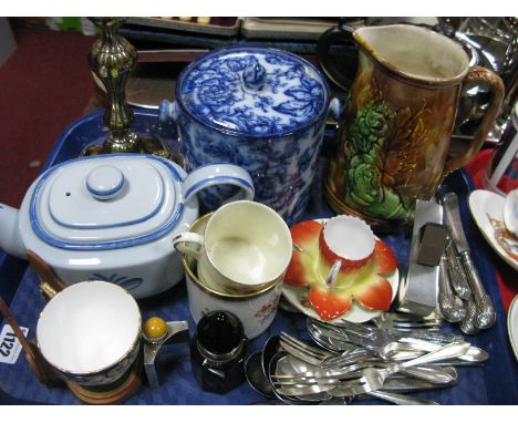 Art Deco Style Scent Bottle, stamped "925", pistol shaped knives, plated candlestick, etc:- One Tray