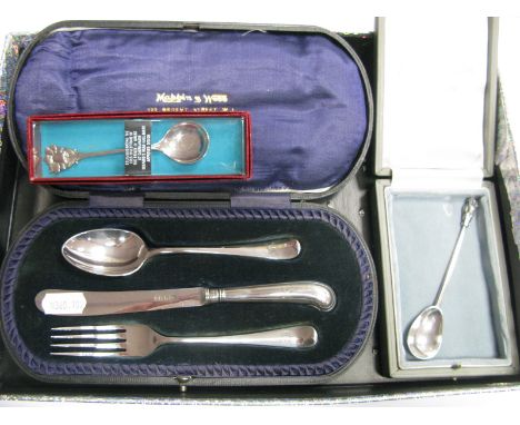 A Hallmarked Silver Christening Knife, Fork and Spoon, GH, Sheffield 1917, initialled, in a fitted case; together with a smal