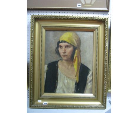 A XX Century English School, 'Portrait of a Gypsy Lady' oil on canvas, unsigned, 45 x 34.5cm, in moulded gilt effect frame.