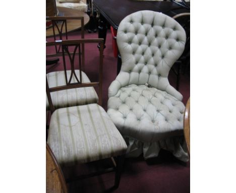 A XIX Century Walnut Framed Parlour Chair, with spoon back, upholstered in a button back fabric; a pair of early XX Century m