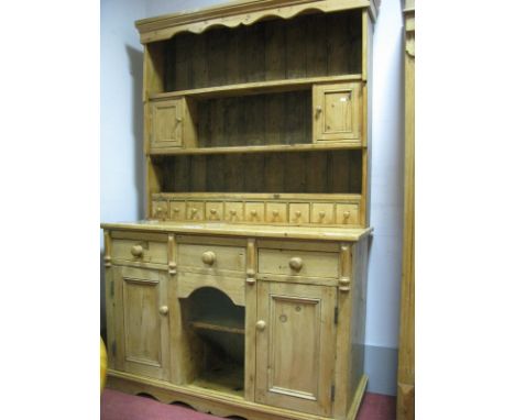 Reclaimed Pine Dresser, the rack with three shelves, flanking cupboard doors, ten spice drawers, the base with three top draw