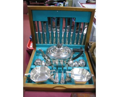 An Electroplated Three Piece Tea Service, of tapering octagonal form, ebonised finial's and handle, and a six setting kings p