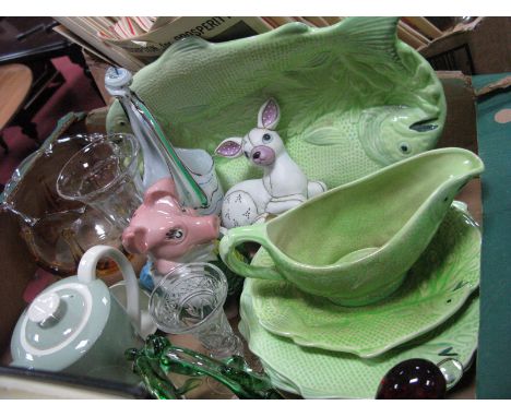 Melba Fish Platter, four plates, sauce boat on stand, Poole coffee ware, ruby glass duck, baskets, wade pig etc:- One Box
