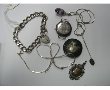 A Curb Link Bracelet, with heart shape padlock clasp, a single stone pendant on chain, "Siam 925" circular brooch, a medallio