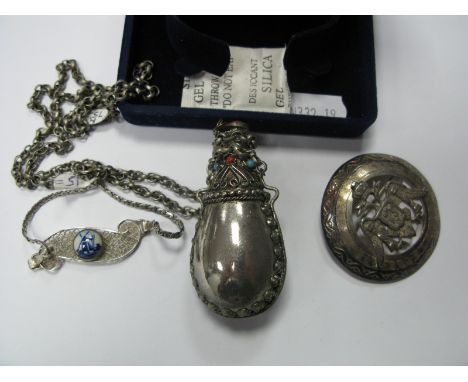 A Middle Eastern Style Flask Pendant, with cabochon highlights, on long chain; together with a Peruvian brooch, stamped "925"