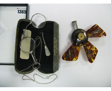 A Pair of Lorgnettes, on a long chain, a mother or pearl handled button hook and a Labrise vintage fan.