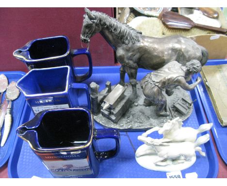 Martell Cognac Limited Edition 'Grand National' Water Jugs, bronzed resin figure of a Blacksmith:- One Tray