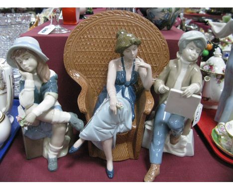 Nao Figure of a Girl Sat in a Peacock Chair, Nadal figures of a boy drawing and a girl sat on a  suitcase.