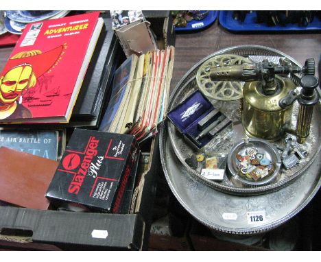 Sievert Brass Blow Lamp, enamel badges, plated gallery trays, two albums of first day covers, maps, golf balls, etc.