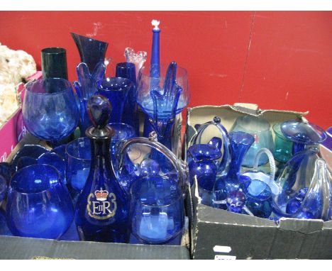 A Royal Commemorative Bristol Blue Type Decanter and other blue glass including vases, dishes, paperweights, candlestick, mod