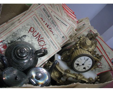 A XIX Century Alabaster and Gilt Mantle Clock, 1940's and 1950's Punch magazines, plated ware:- One Box