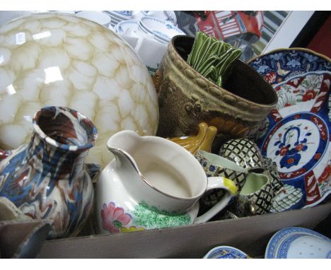 A Late XIX Century Chinese Imari Charger, W. German planter, Sylvac leaf moulded vase, lustre domed ceiling shade, onion jar 