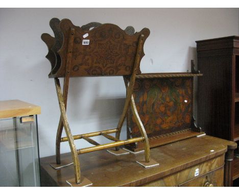 An Early XX Century Wall Shelf, with a poker panel of two peacocks, together with a poker work magazine.