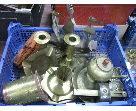 A XIX Century Brass Mounted Wood Gauge, indistinctly stamped "VR Price", brass candlesticks, tea caddy, ashtrays etc.