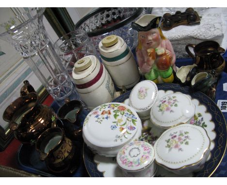 A Hand Painted Cabinet Plate, decorated with a cottage in a river landscape, Wedgwood and Aynsley trinket jars, Wade spirit b