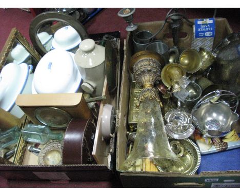 Crackleglass Vase, Smiths and Tempora mantel clocks, wall mirrors, stoneware foot warmer, candelabra, brass ware etc:- Two Bo