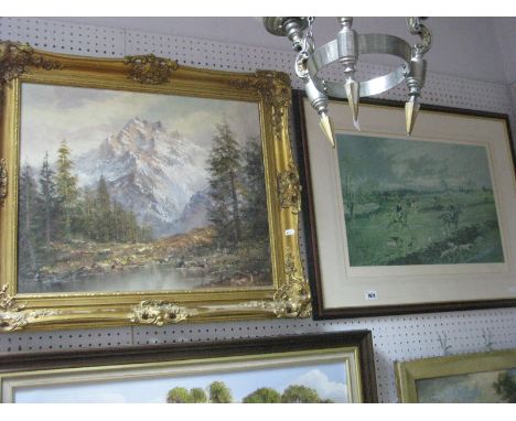 A XX Century School, Mountainous Landscape with Trees and River, oil on canvas, indistinctly signed, 44 x 54cm in moulded gil