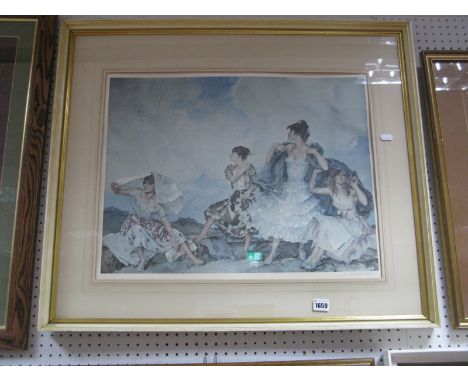 William Russell Flint Graphite Signed Colour Print, four ladies sheltering, blind backstamp. 42 x 55.5cm.