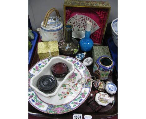 Cloisonné Vase and Owl Vase, blue glaze bottle vase, Chinese teapot, scent bottles, mother or pearl carved shell (boxed), etc