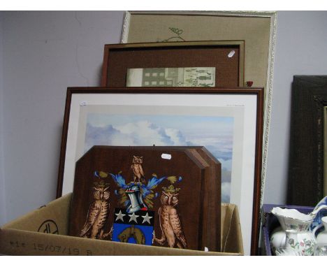 Three Hardwood Wall Plaques, with applied chests 'Labor Omnia Vincit', further plaque, 'Halifax Legend' print after Robert Ta