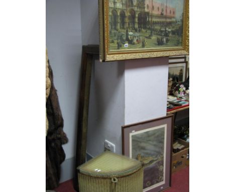 A LLoyd Loom Corner Laundry Basket, an oak and brass fender, a limited edition colour print of Bradfield church after Michael