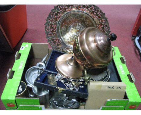 Copper and White Metal Charger, copper tea urn (damage), cased and loose cutlery, wine coaster, chamber stick, etc:- One Box