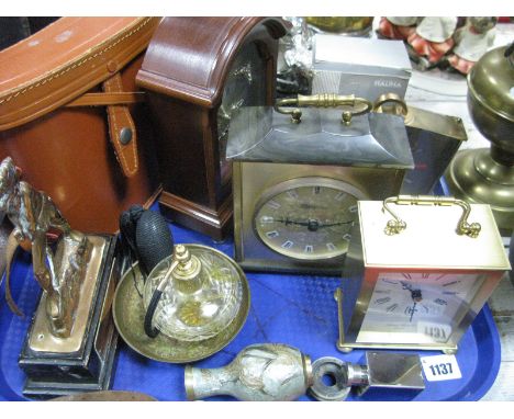 Prinz 10 x 50 Cased Binoculars, various mantel clocks (London Clock Co, Smiths, astral), brass (?) cast figure mounted on ebo