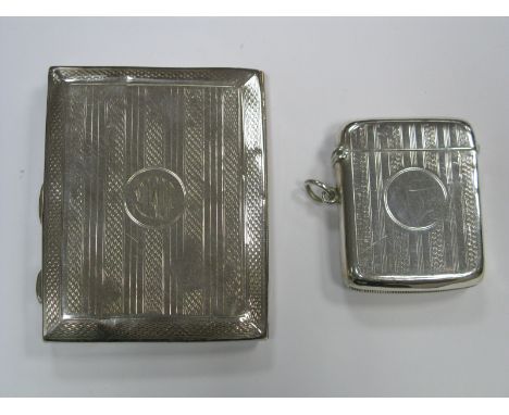 A Hallmarked Silver Cigarette Case, allover engine turned; together with a Chester hallmarked silver vesta case, of similar d