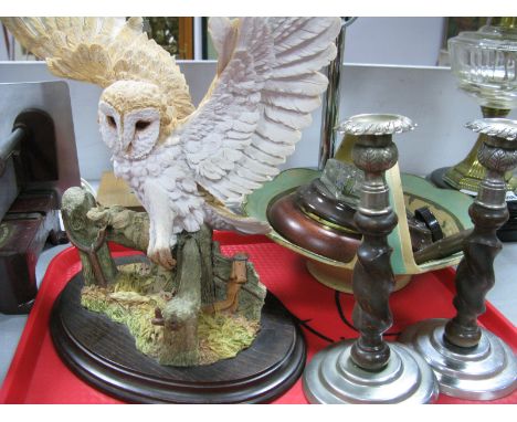 Oak &amp; Chrome Barley Twist Candlesticks, Country Artists owl, bakelite inkwell etc:- One Tray