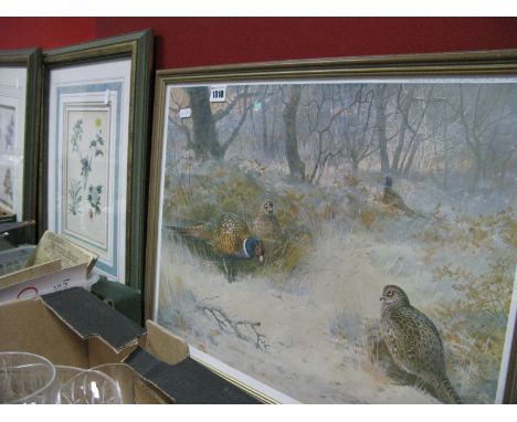 Archibald Thorburn, Pheasants, colour print, graphite signed to margin, 37.5cm x 51.5cm, plus five floral prints. (6)