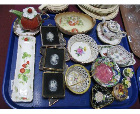 Maling Bowl, Kingsley enamel hand painted trinket box, framed cameo's etc:- One Tray