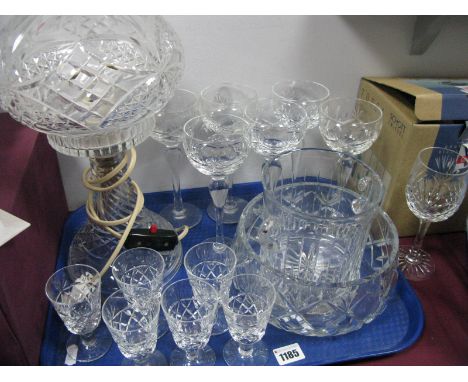 A Lead Crystal Table Lamp and Shade, (untested: sold for parts only), set of six crystal hock glasses, sherries and set of si