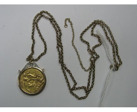 A Queen Victoria Sovereign, 1890, loose set in 9ct gold pendant mount, on a 9ct gold belcher link chain.