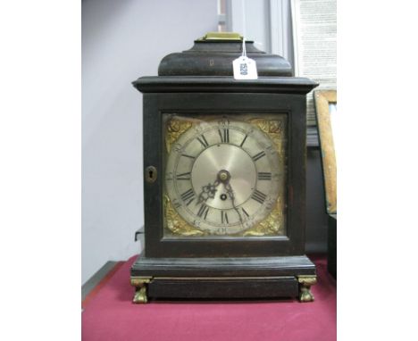 A George III Bracket Clock, with brass carry handle to ebonised case, single fusee movement, M626 to back plate, black Roman 