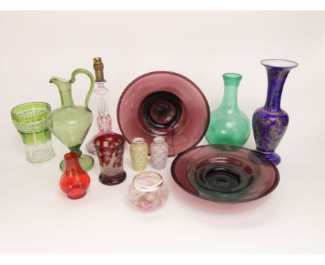 A collection of mixed antique and later glassware to include two lamp bases