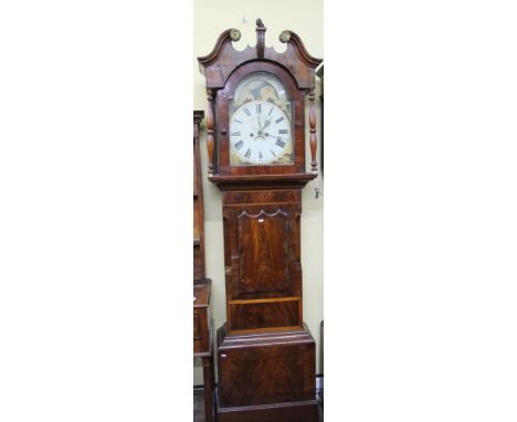 A mid 19th century north country longcase clock, the inlaid case supporting a hood with turned columns and swan necked pedime