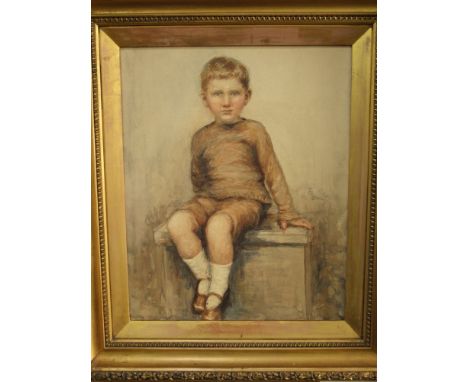 An early 20th century watercolour portrait, full length study of a seated young boy with information verso indentifying the s