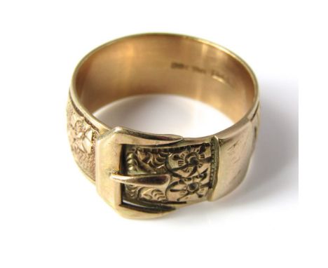 A 9ct gold gentleman's ring, of belt and buckle design with engraved decoration, size Y, 9g