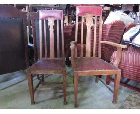 A set of six (4+2) early 20th century high stick back dining chairs with upholstered seats on square tapered supports