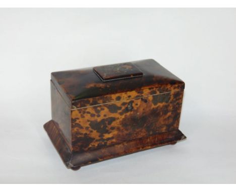 Early 19th century tortoiseshell tea caddy, the sarcophagus lid with abalone shell inlay, enclosing a two sectional lidded in