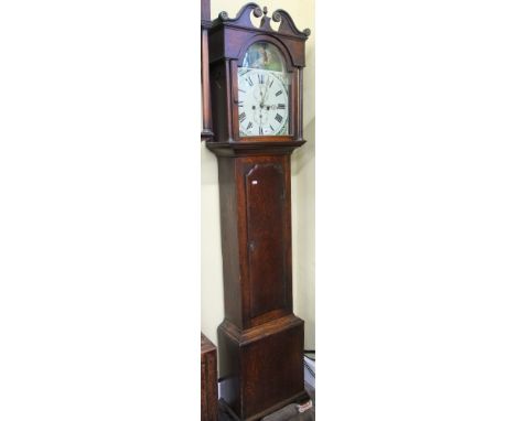 A Georgian oak longcase clock, the hood with column supports and swan neck pediment enclosing a broken arched painted dial wi
