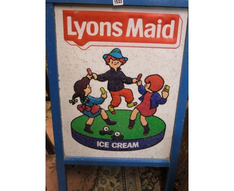 A Lyons Maid ice cream advertising board, three deco chairs with gilded finish and a vintage cinema seat and back 