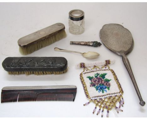 Box of various silver items to include attractive silver dressing mirror engraved with scrolled acanthus, dressing comb and b