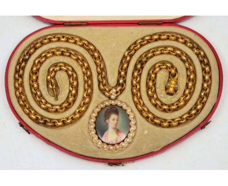 A Georgian portrait miniature of a young lady as a pendant under glass, set with split pearls and seed pearls in yellow gold,