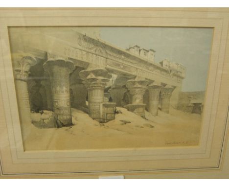A 19th century coloured lithograph after David Roberts RA showing temple ruins in a desert setting, 13 x 21 cm approx in gilt