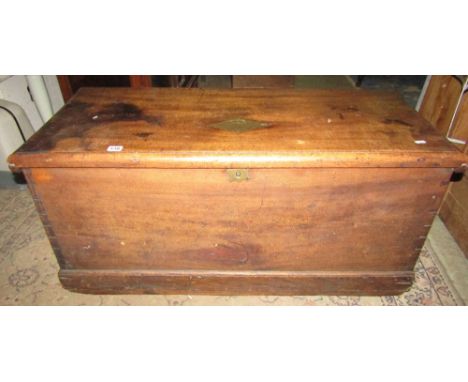 Early 19th century pylon shaped camphor wood trunk, the inside of the lid, mounted contemporary engraving of an American ship