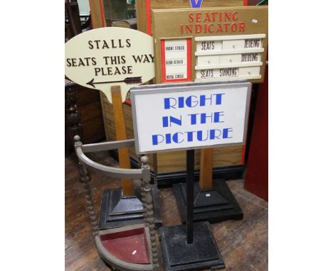 Three cinema floor standing signs/seating indicator, "Stalls/Seats - This Way Please", and "Right in the Picture", together w